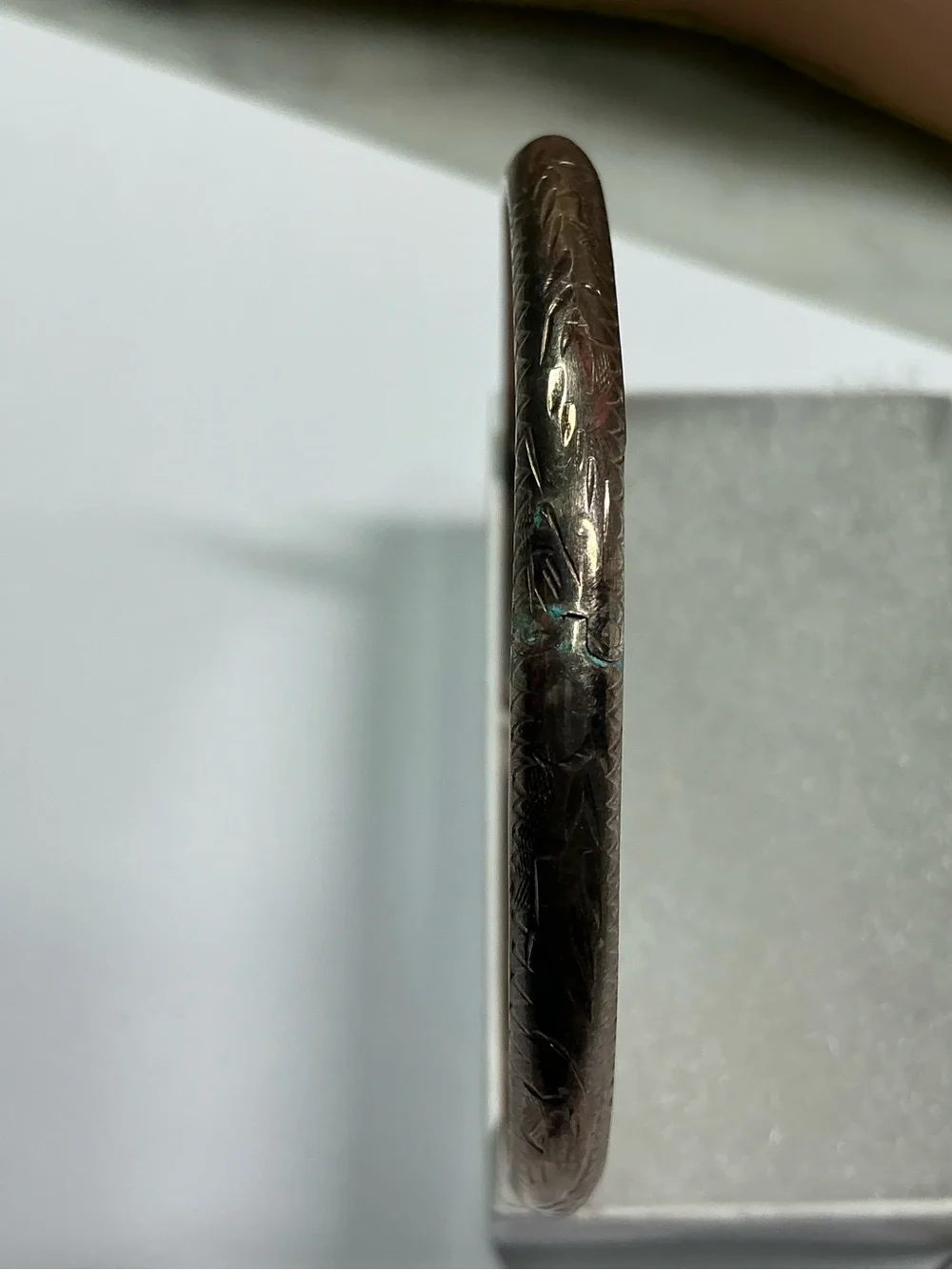 Sterling Silver Etched Design Hinged Bracelet. 2 & 3/8 inch diameter